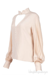 Beige Heart Cut-out Pleated Sleeve Blouse