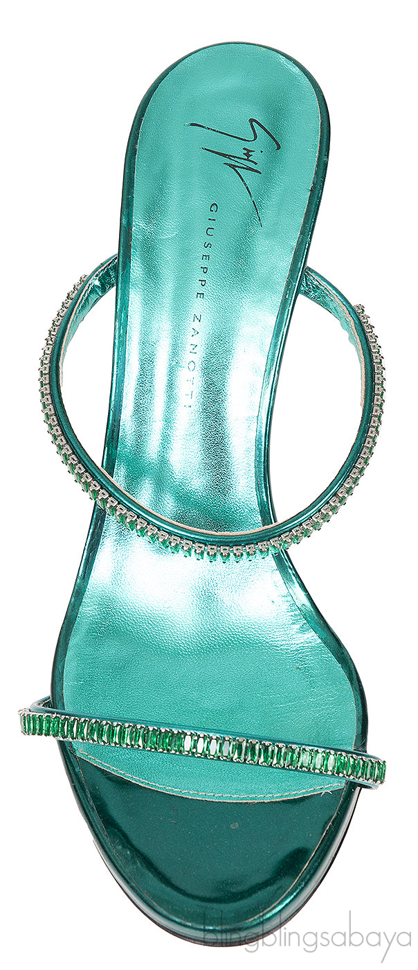 Giuseppe Zanotti Metallic Green Crystal Embellished Mules