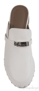 Hermes Carlota White Leather Mules