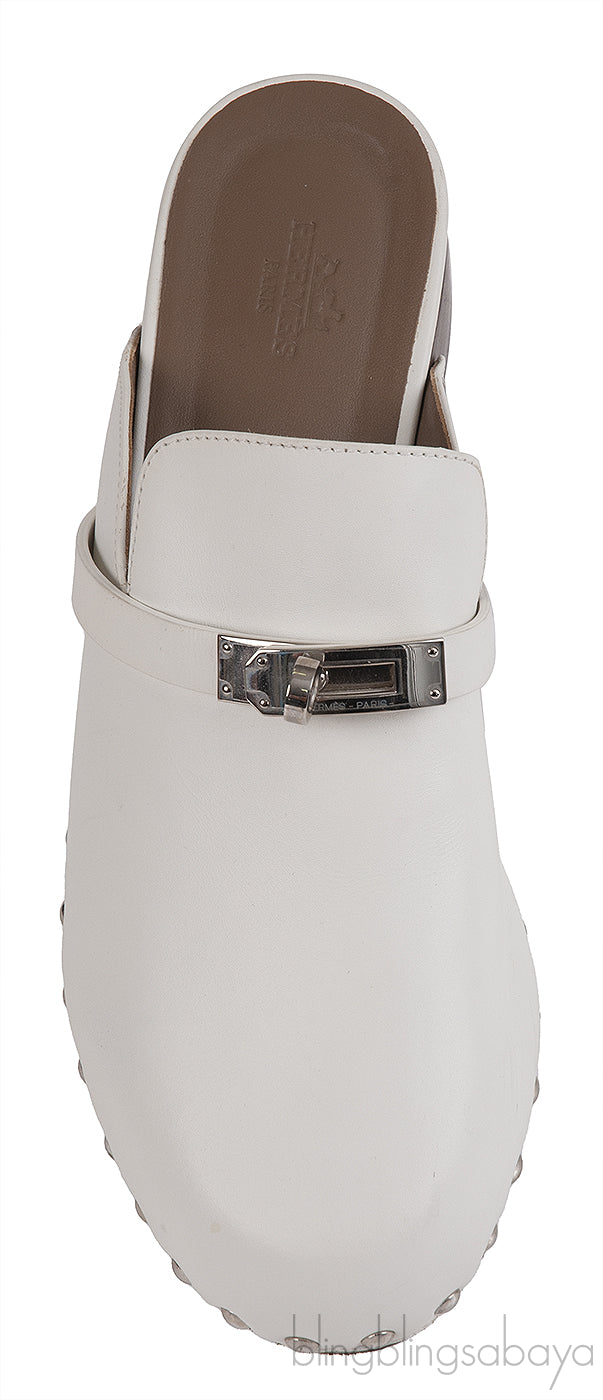 Hermes Carlota White Leather Mules