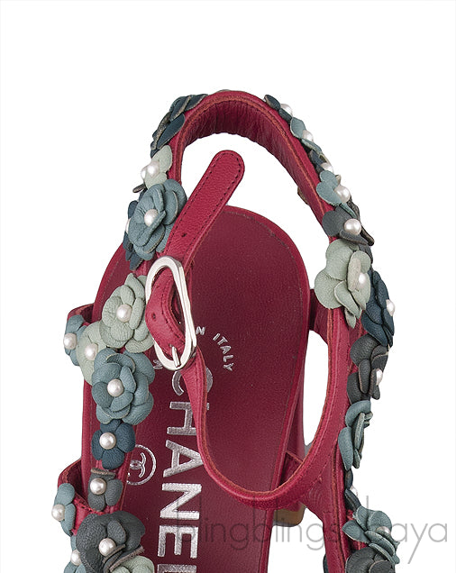 Chanel Camellia Strappy Pearl Red Sandals