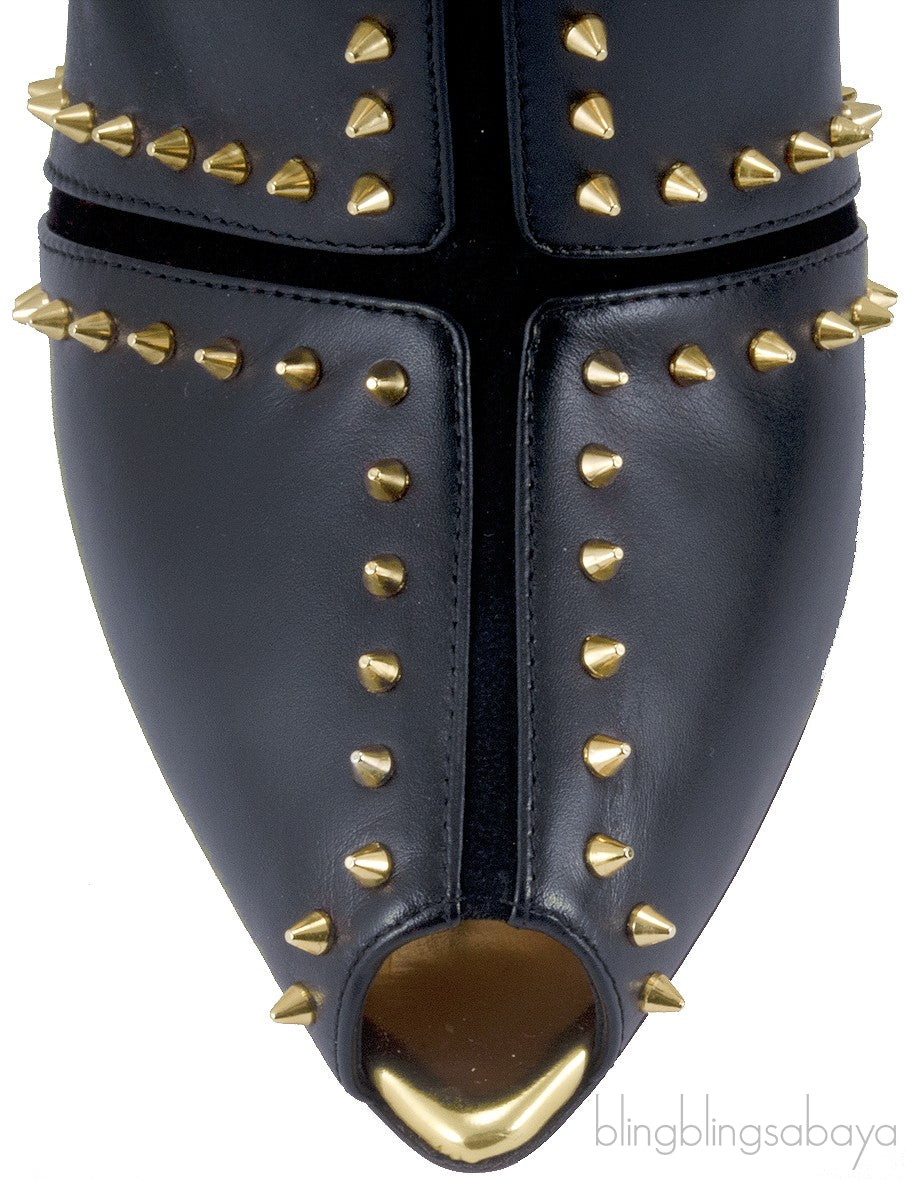 Black Studded Leather Peep Toe Boots