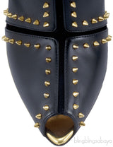 Black Studded Leather Peep Toe Boots