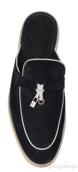 Loro Piana Charm Walk Babouche Suede Black Mules