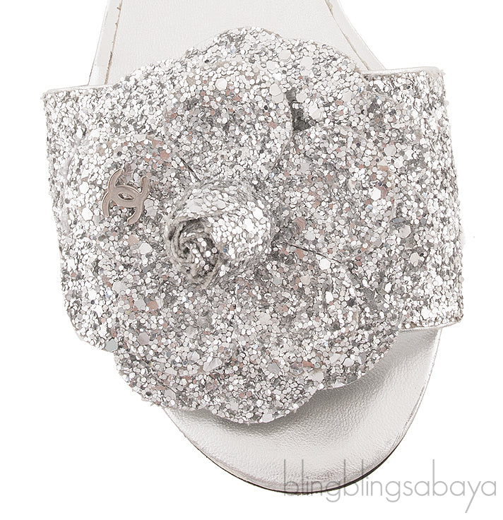 Camellia Floral Glitter Flat Mule