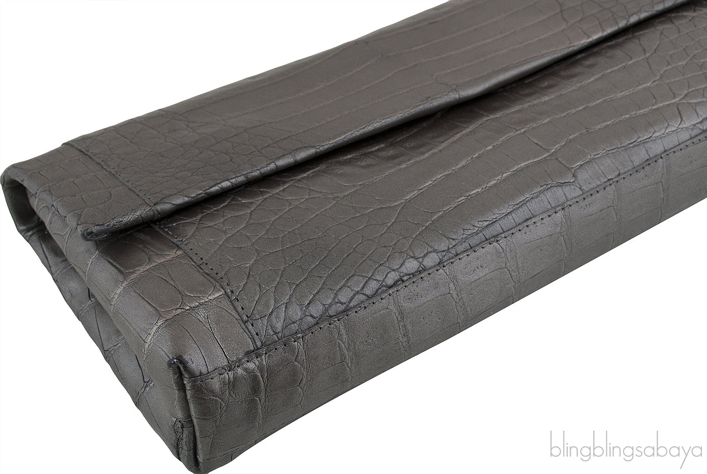 Nancy Gonzalez Grey Fold-Over Crocodile Clutch
