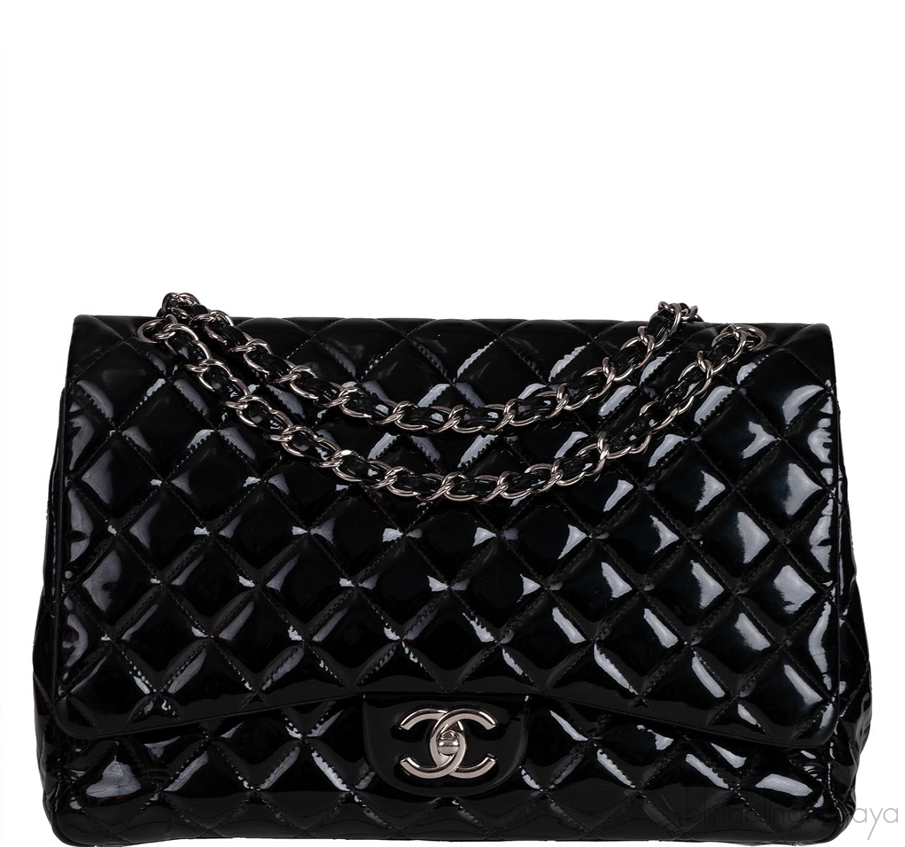 Black Patent Maxi Double Flap Quilted Bag