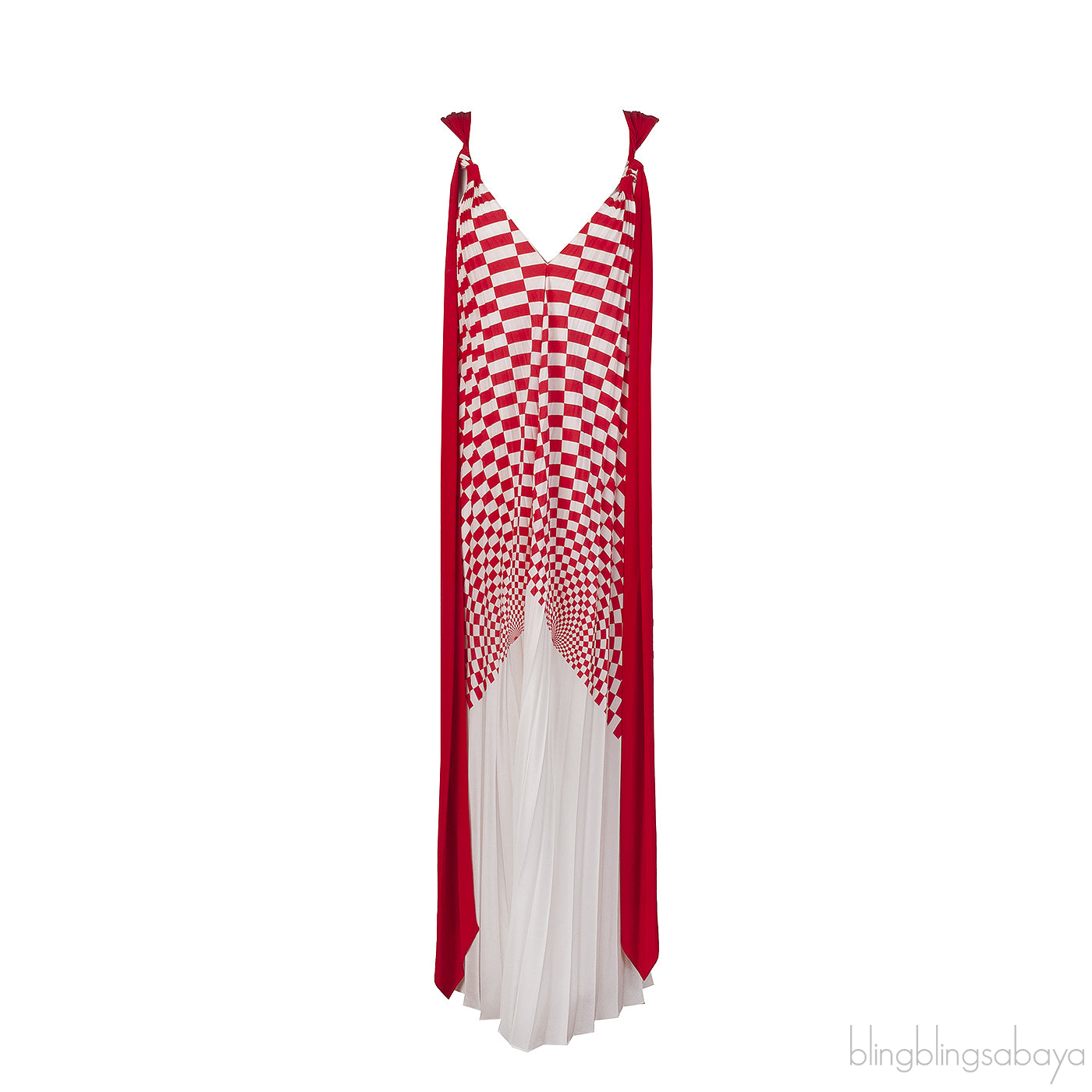 Fendi Red and White Checkered Pleated Midi Dress