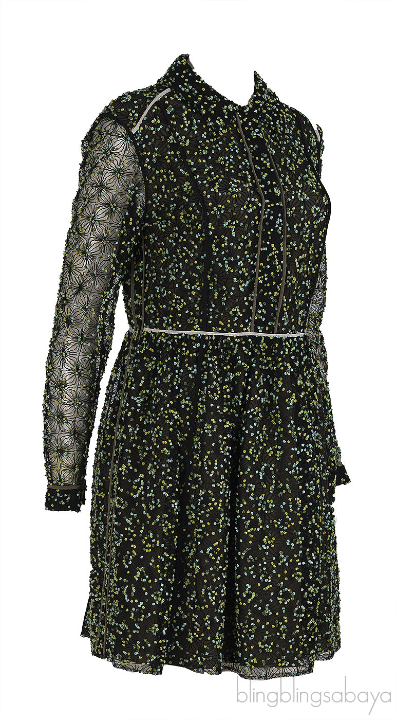 Fendi Green Embellished Long Sleeve Mini Dress M