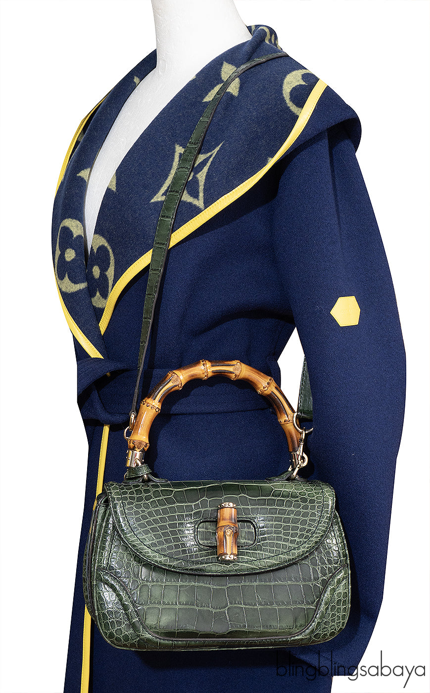 Gucci Forest Green Medium Crocodile Bamboo Top Handle Bag