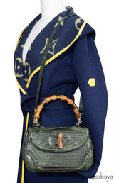 Gucci Forest Green Medium Crocodile Bamboo Top Handle Bag