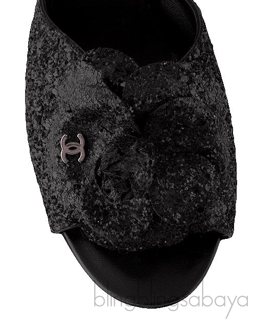 Black Glitter Camellia Heels
