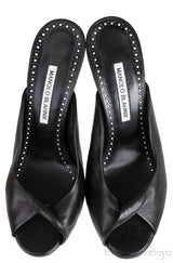 Black Leather Twisted Vamp Peep Toe Mule