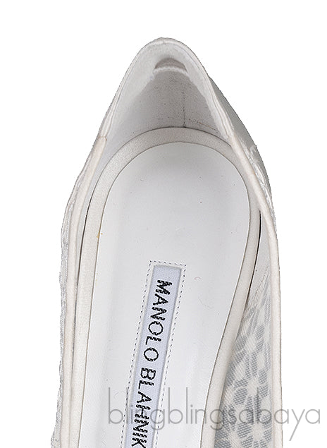 Hangisi White Embroidered Mesh Crystal Heels