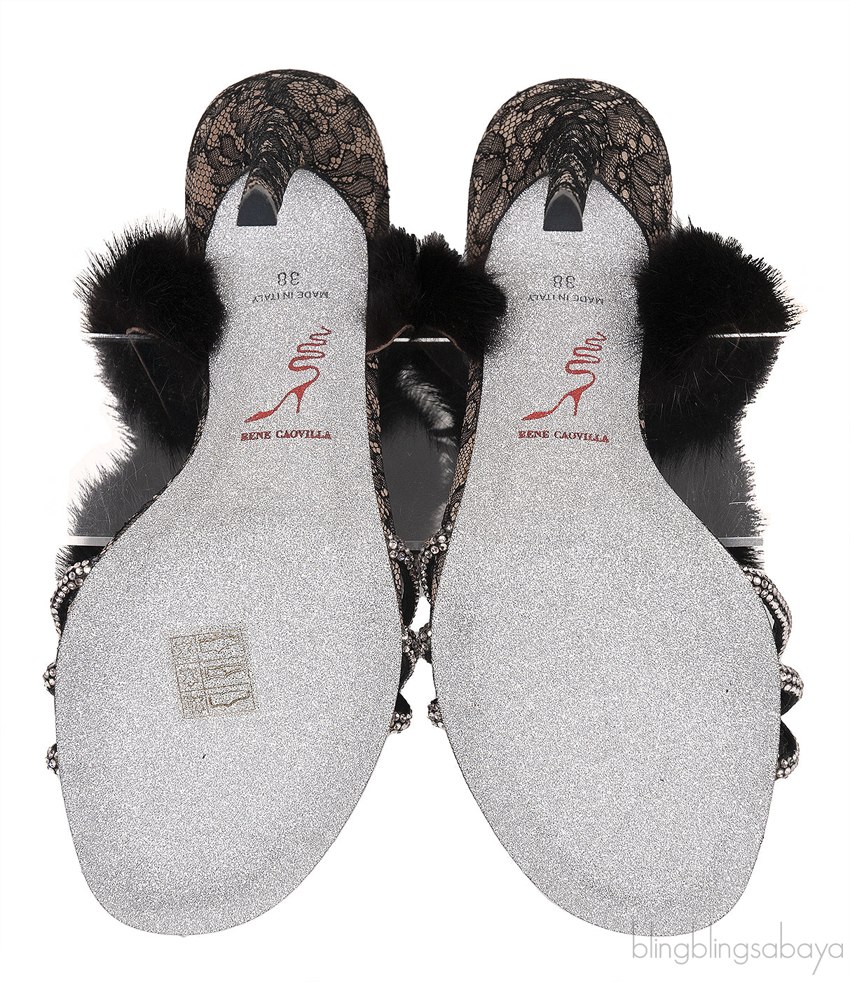 Lace and Fur Crystal Slingback Sandals