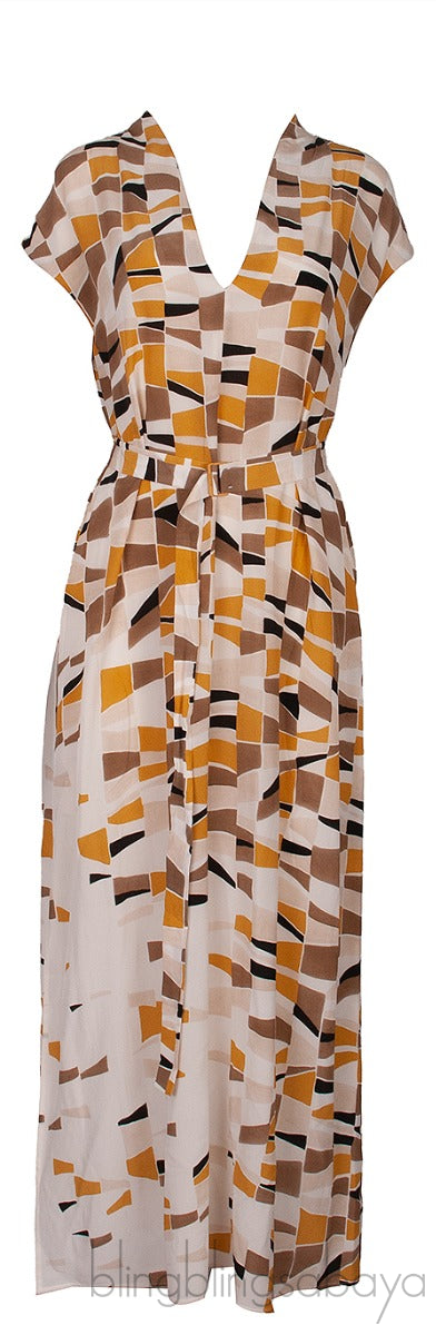 Beige Multicolor Print Belted Dress
