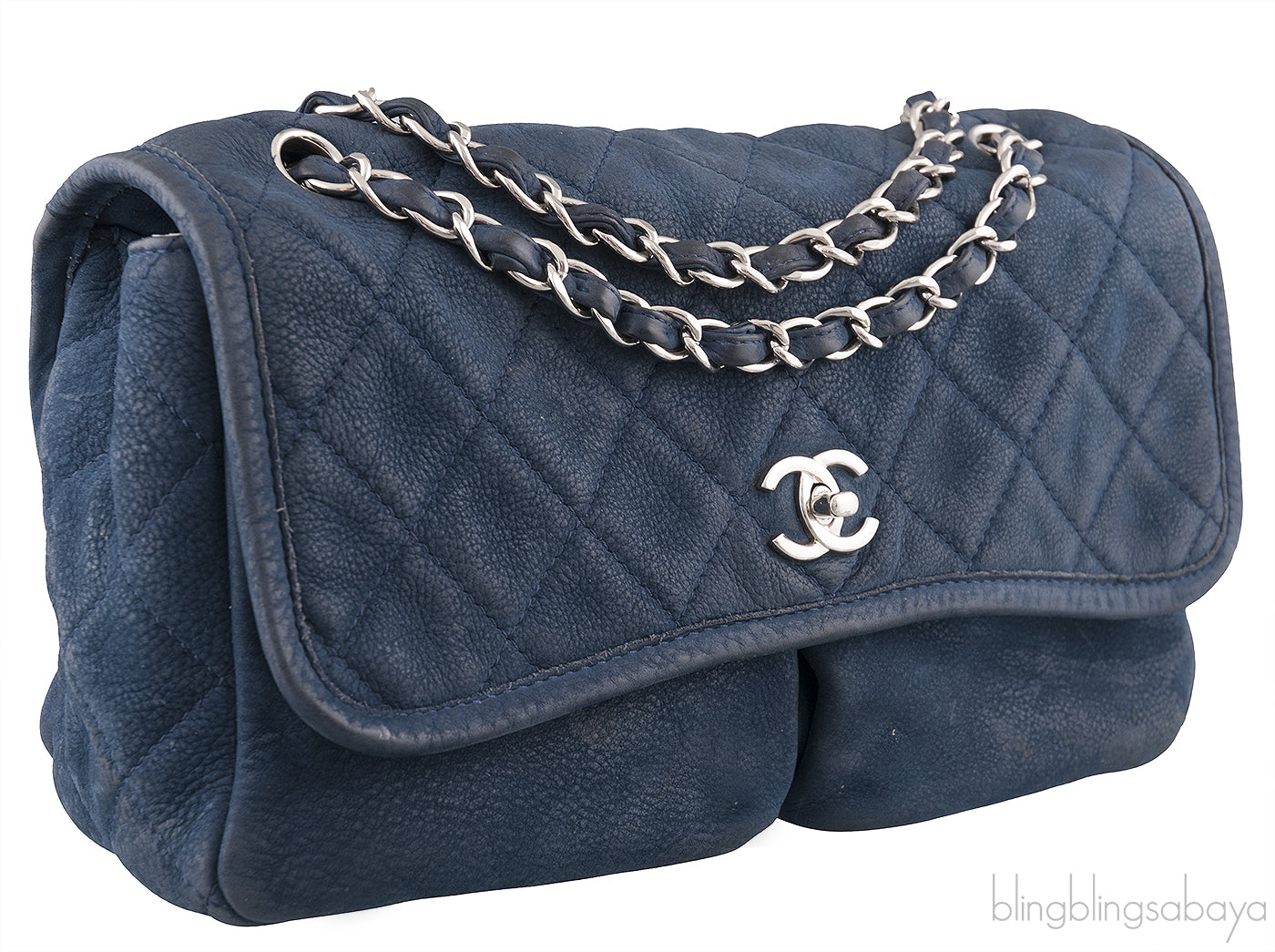 Blue Nubuck Quilted Flap Bag