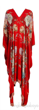 Red Floral Print Silk Kaftan Dress
