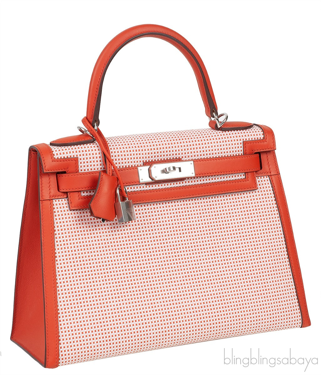 Kelly 28 Sellier Toile Quadrille Veau Swift Terre Battue-Mauve Sylvester-Blanc