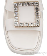 Slide Crystal Buckle Off-white Leather Mule