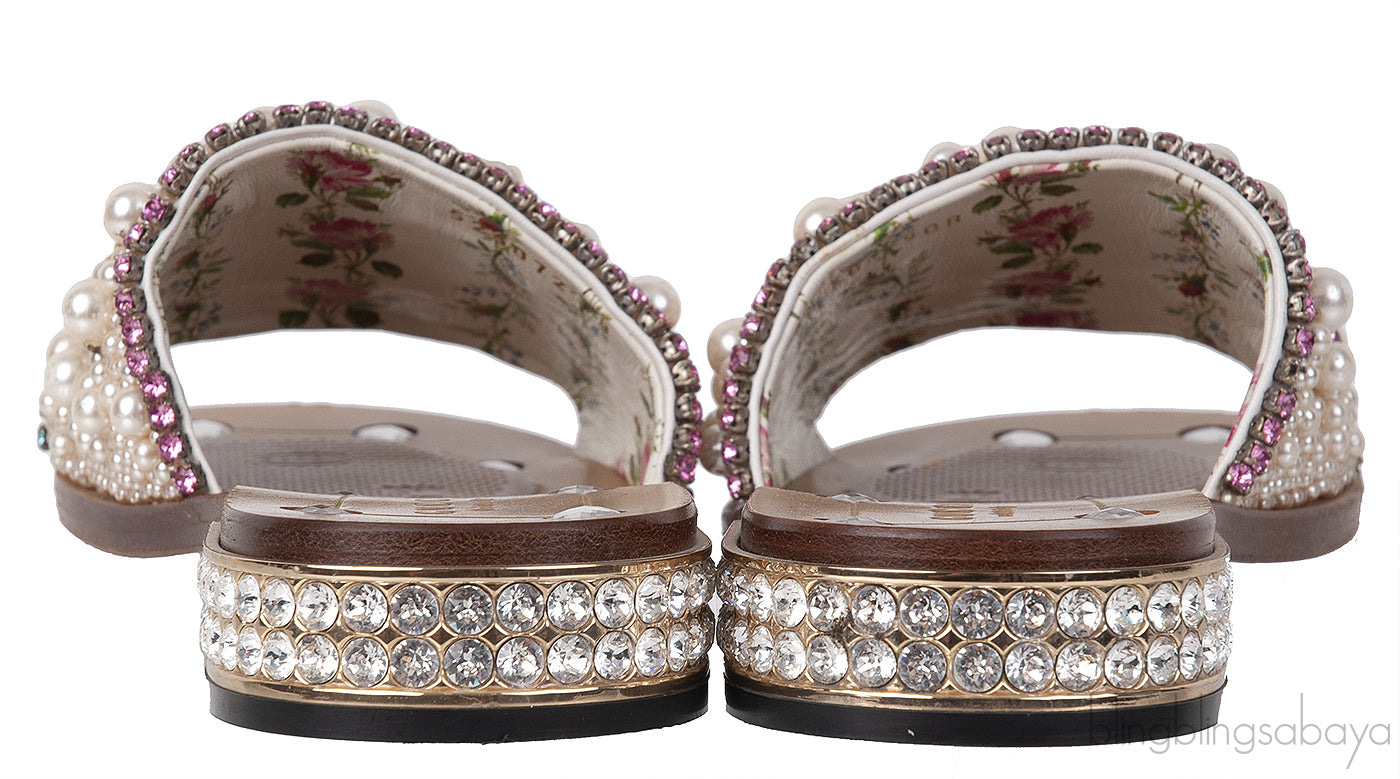 Guccy Pearl and Crystal Embellished Slide Sandals