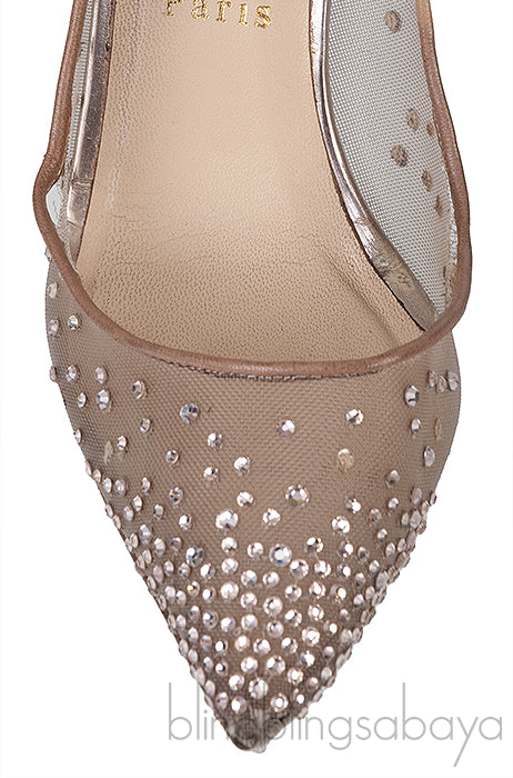 Gold & Beige Mesh Crystal Pointed Toe Heels