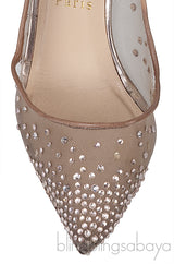 Gold & Beige Mesh Crystal Pointed Toe Heels