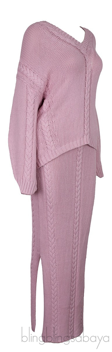 Light Pink Cable-knit Sweatshirt and Midi Skirt