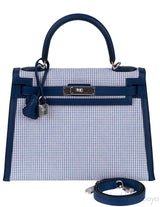 Kelly 28 Sellier Toile Quadrille Veau Swift Ecru-Mauve-Blue