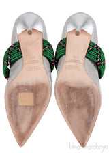 Silver Raffia & Green Fabric Heels