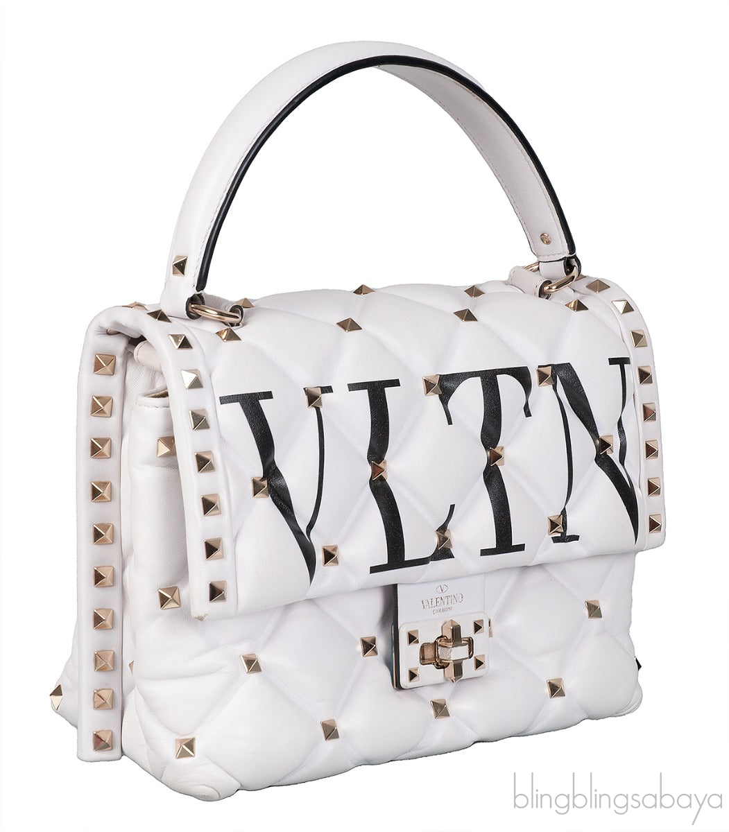 White Candystud Printed Top Handle Bag