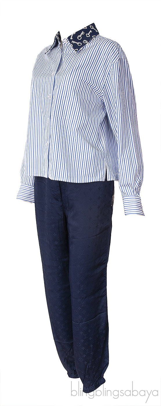 White And Blue Striped Poplin Shirt and Blue Silk Trouser