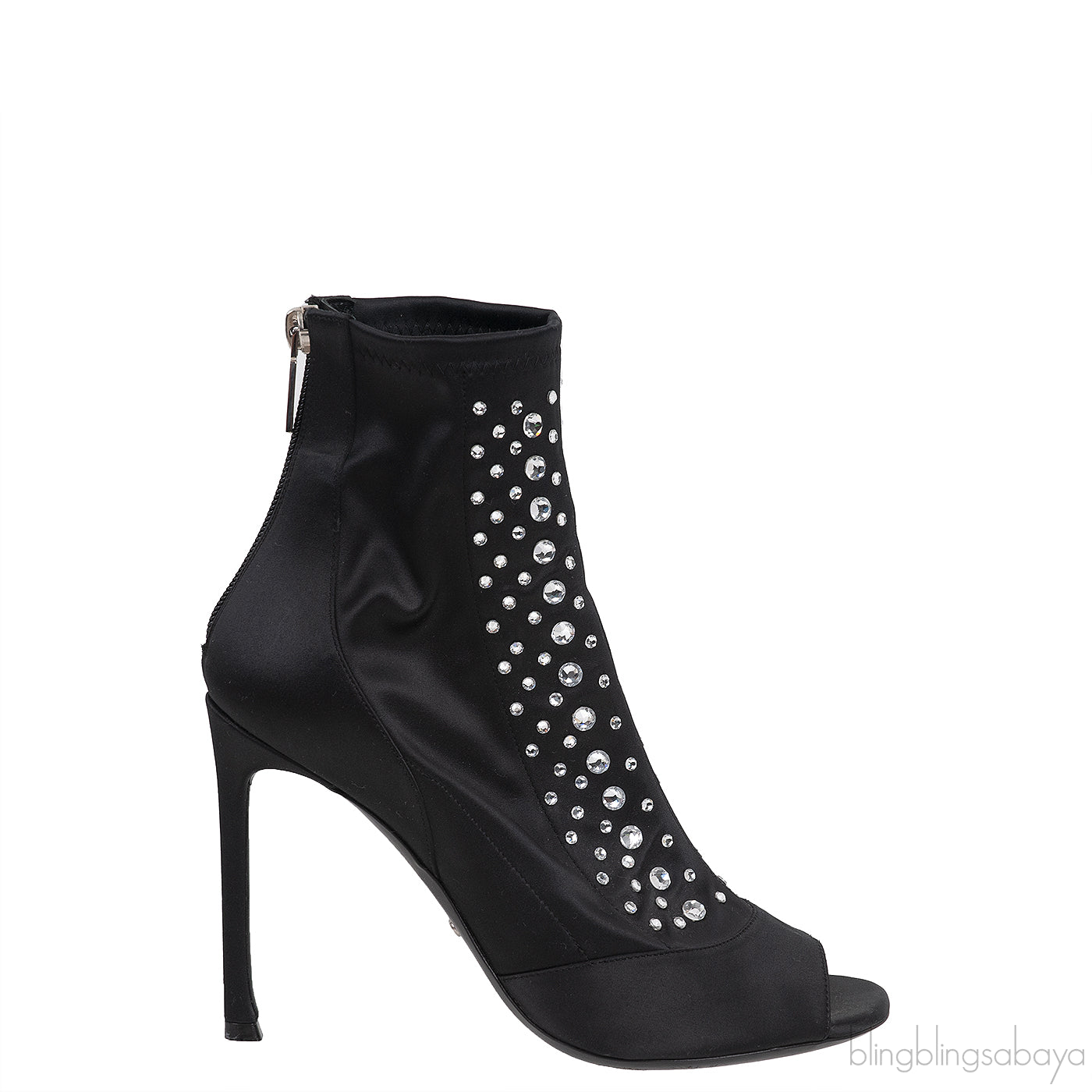Black Satin Crystal Embellished Peep Toe Boots