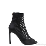 Black Satin Crystal Embellished Peep Toe Boots