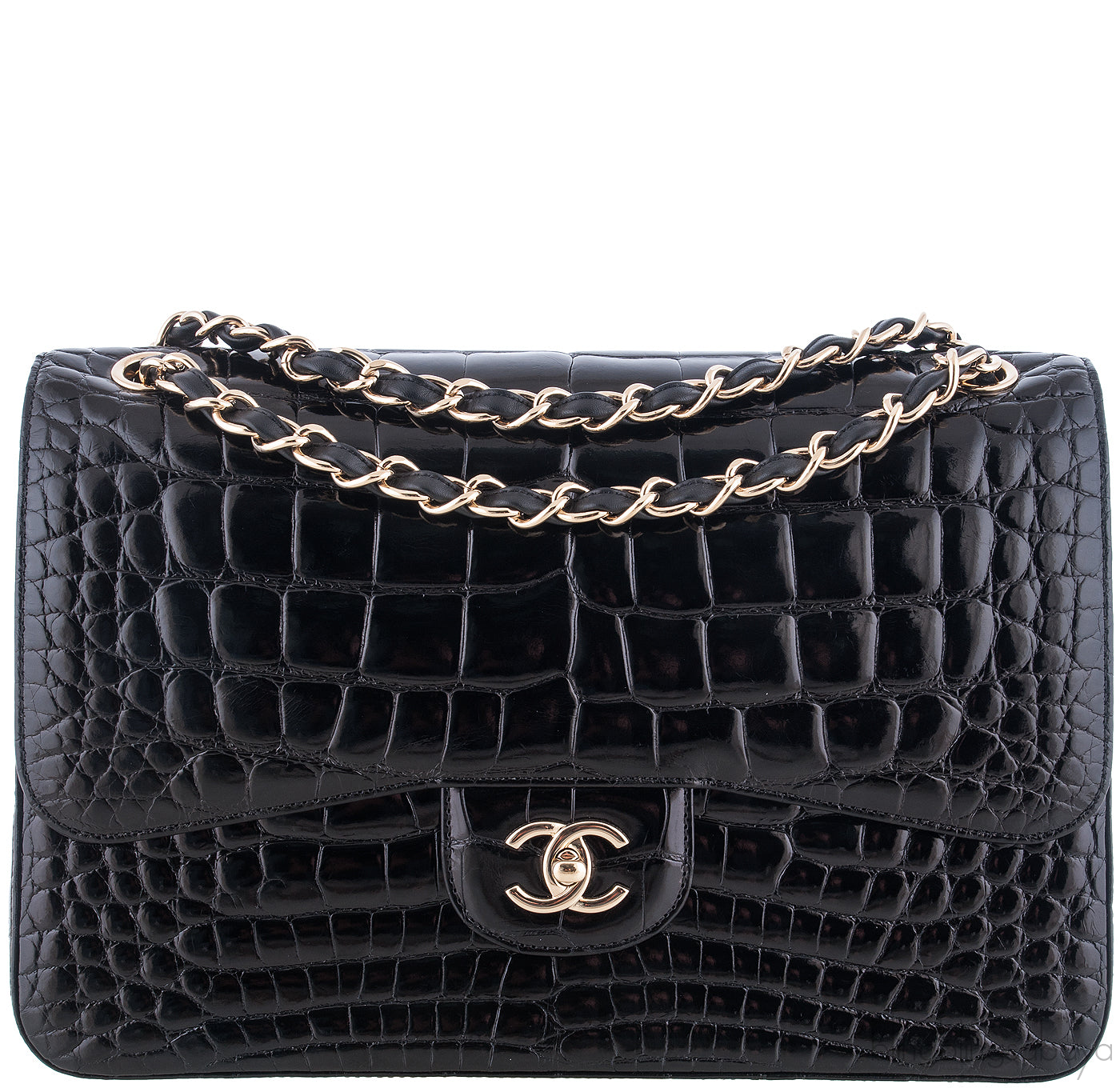 Black Patent Crocodile Flap Bag