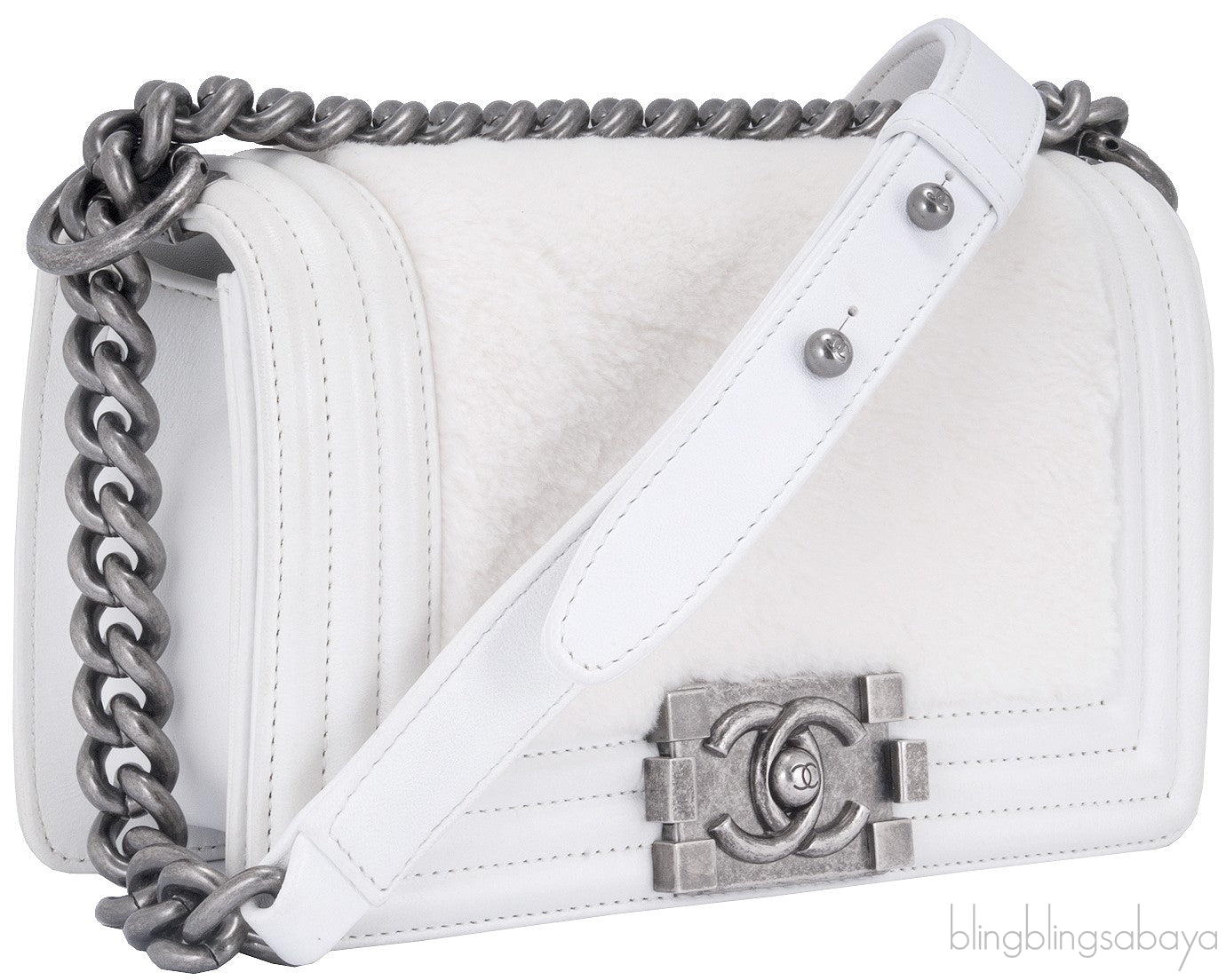 Small Le Boy White Fur Flap Bag