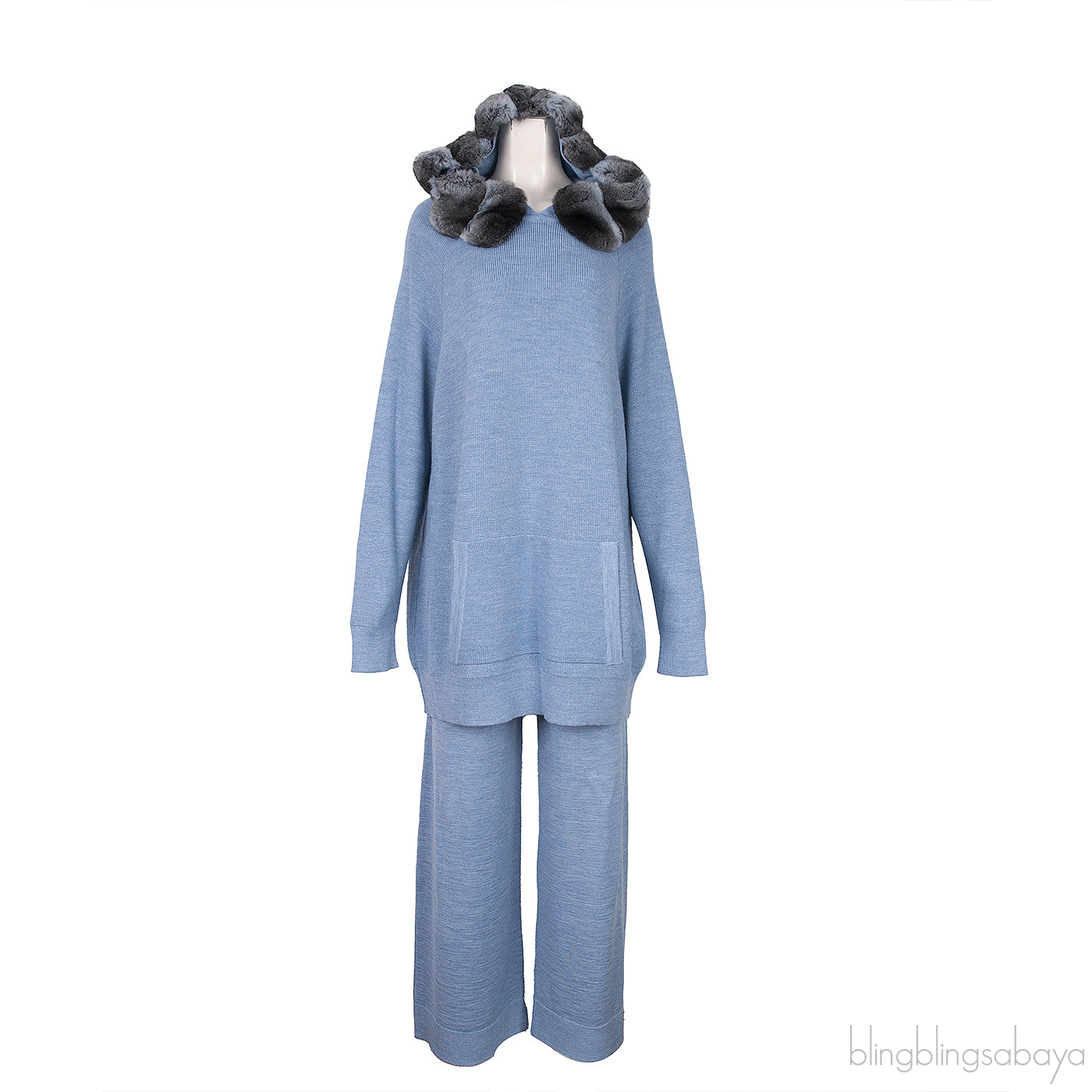 Blue Chinchillia Fur Lined Wool Hoodie and Pants