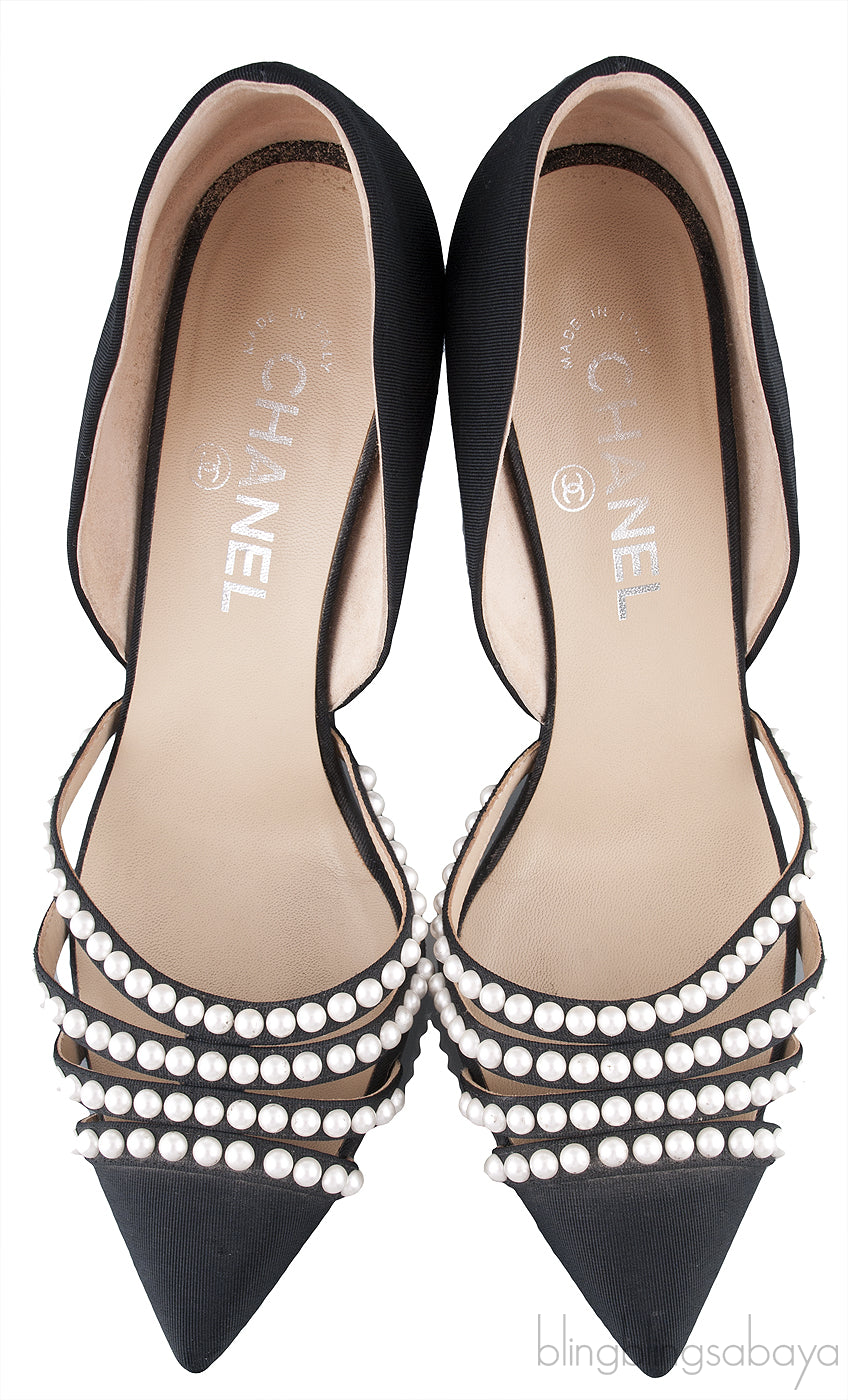 Black D\'Orsay Pearl Pointed Heels