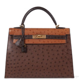 Hermes Kelly 32 Chocolate Natural and Dark Brown Ostrich GHW