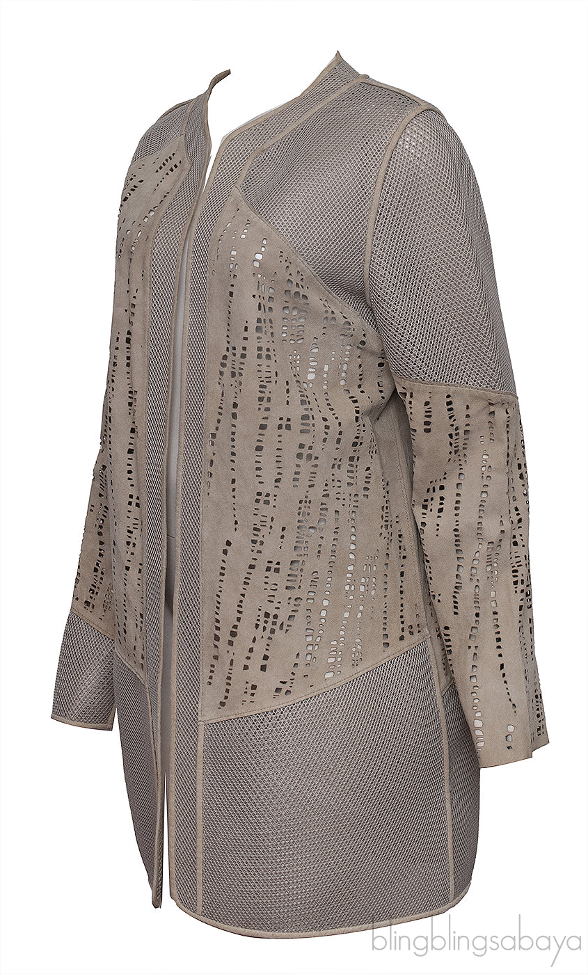 Elie Tahari Beige Perforated Mesh Leather Cardigan