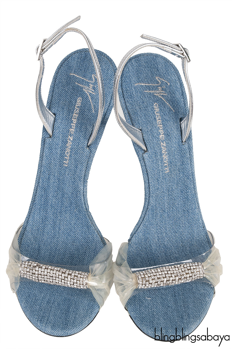 Giuseppe Zanotti Blue Denim Crystal PVC Slingback Heels