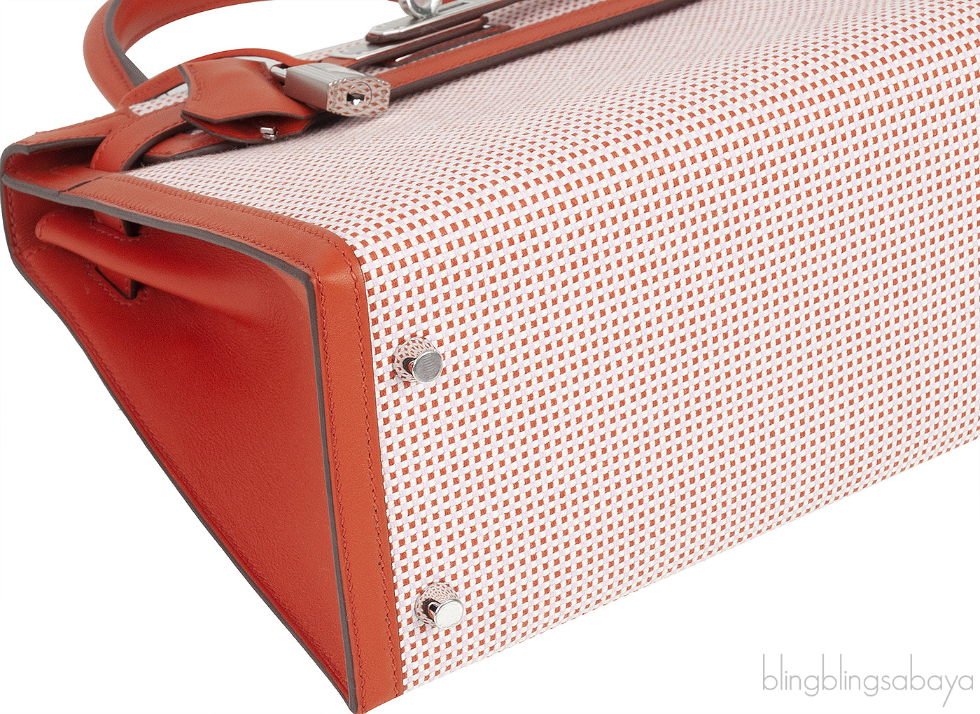 Kelly 28 Sellier Toile Quadrille Veau Swift Terre Battue-Mauve Sylvester-Blanc