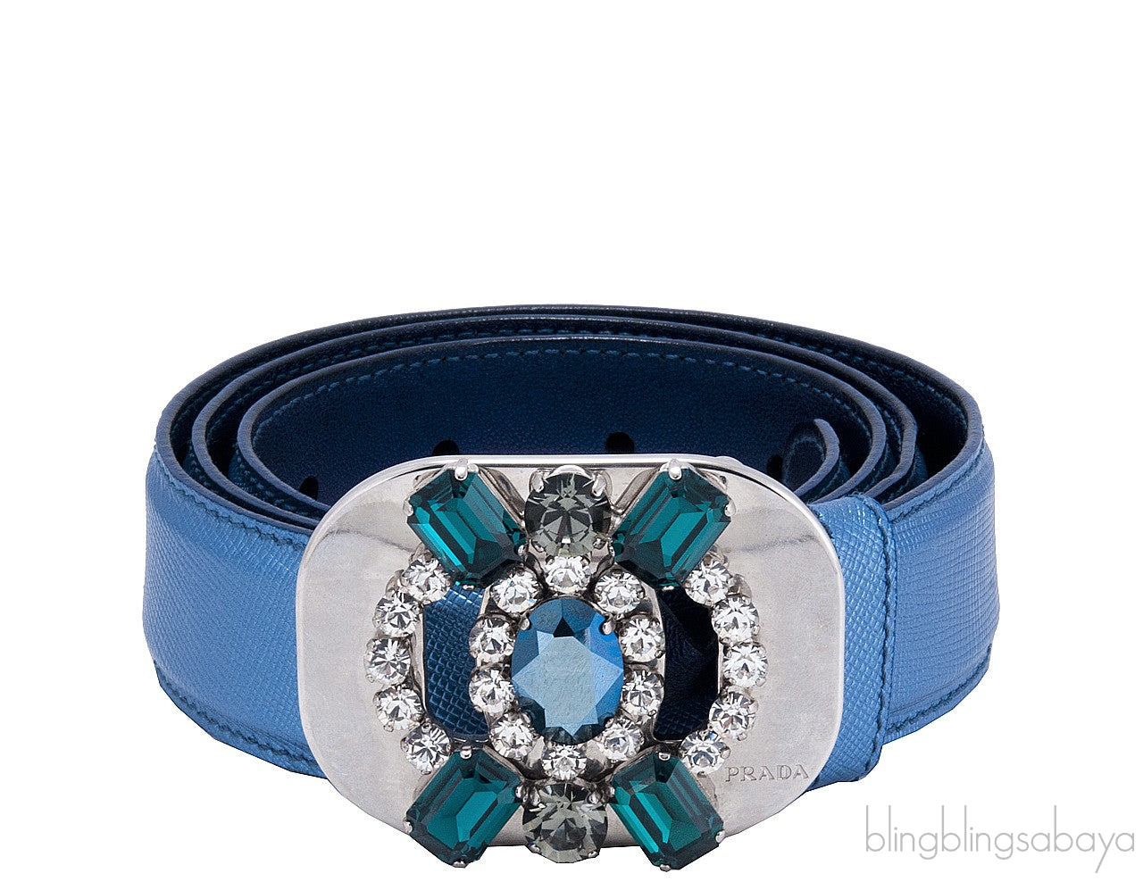 Blue Saffiano Jeweled Buckle Belt*