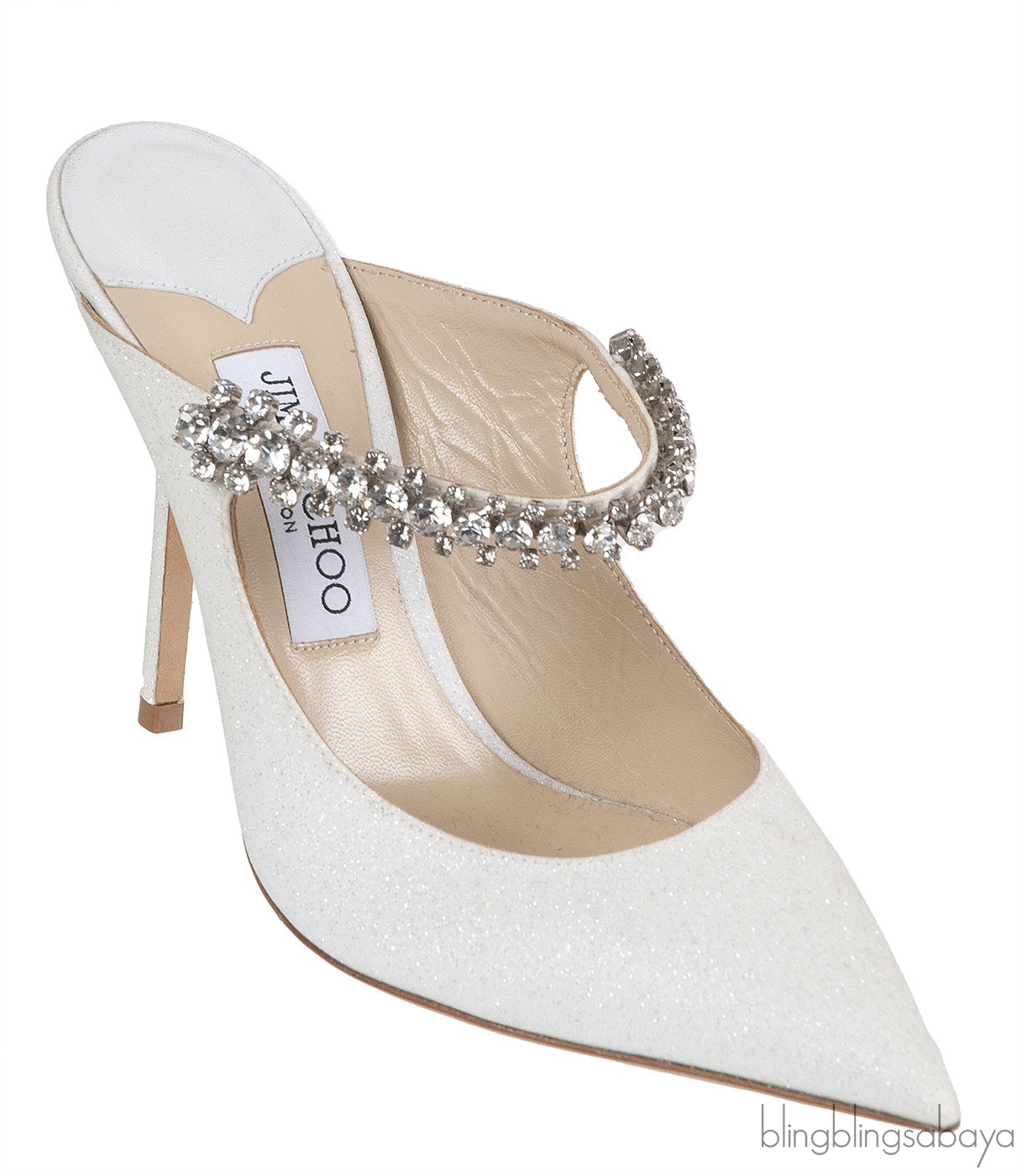 Jimmy Choo Bing White Glittery Crystal Embellished Mule 38
