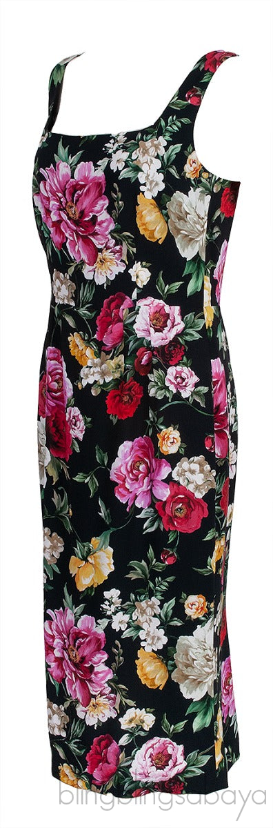 Black Floral Printed Crepe Sleeveless Midi Dress