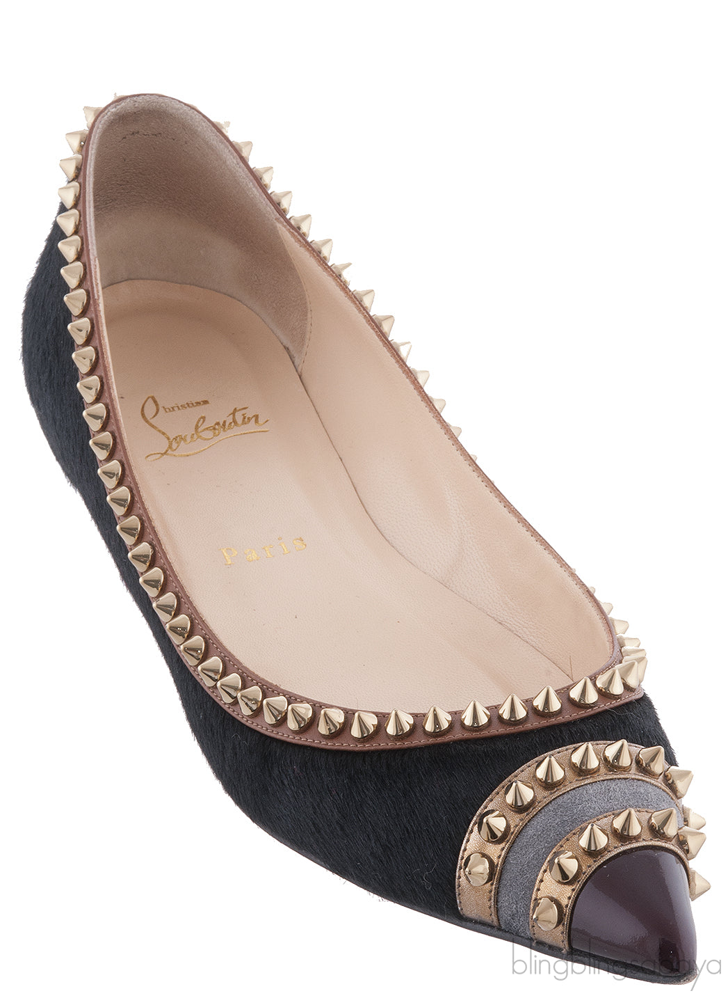 Black Calf Hair Spiked Pointed Toe Flats