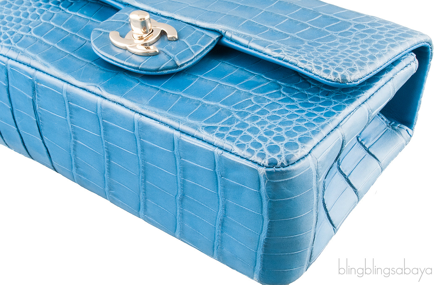 Light Blue Croc Mini Single Flap GHW