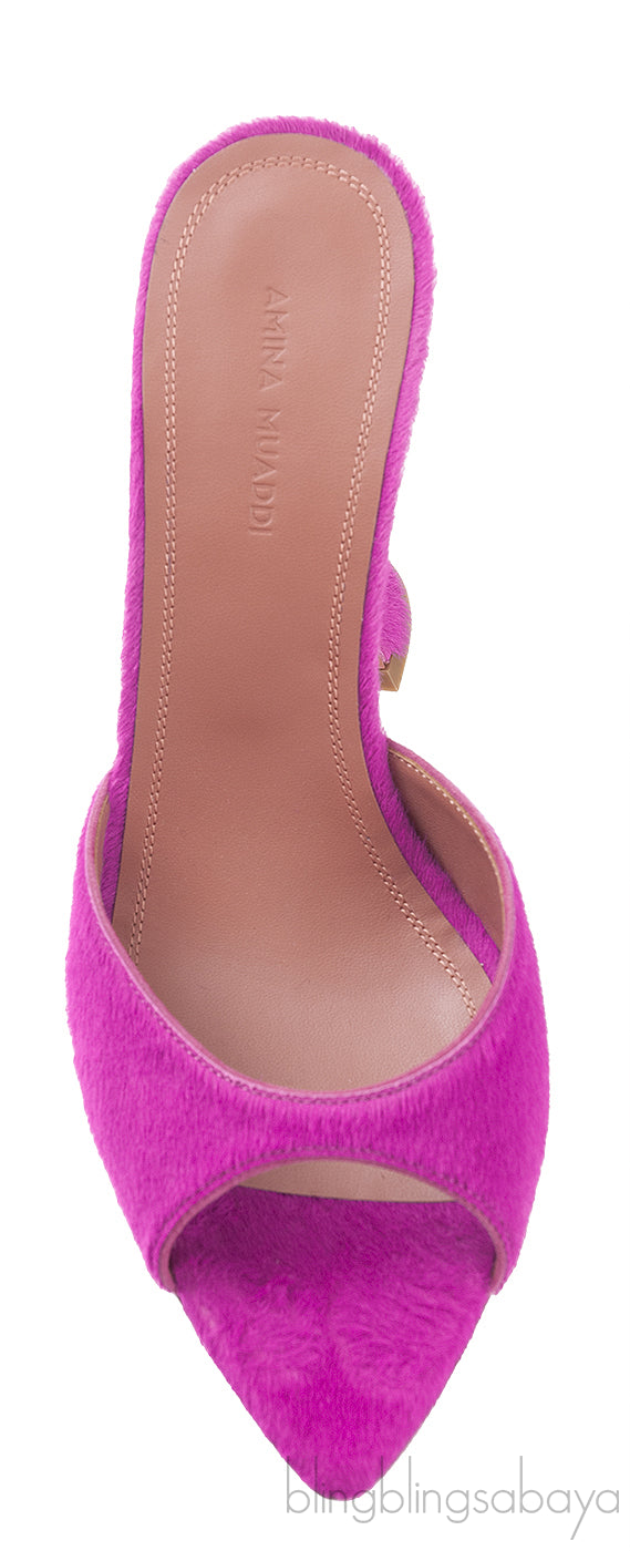 Amina Muaddi Magenta Pony Hair Caroline Sandals