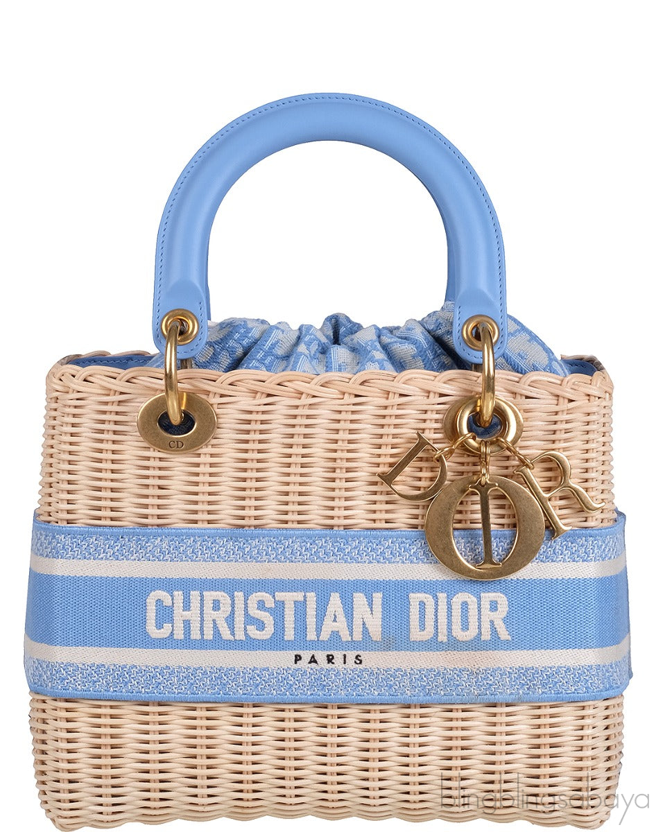 Lady Dior Natural Wicker & Light Blue Dior Oblique Jacquard Medium