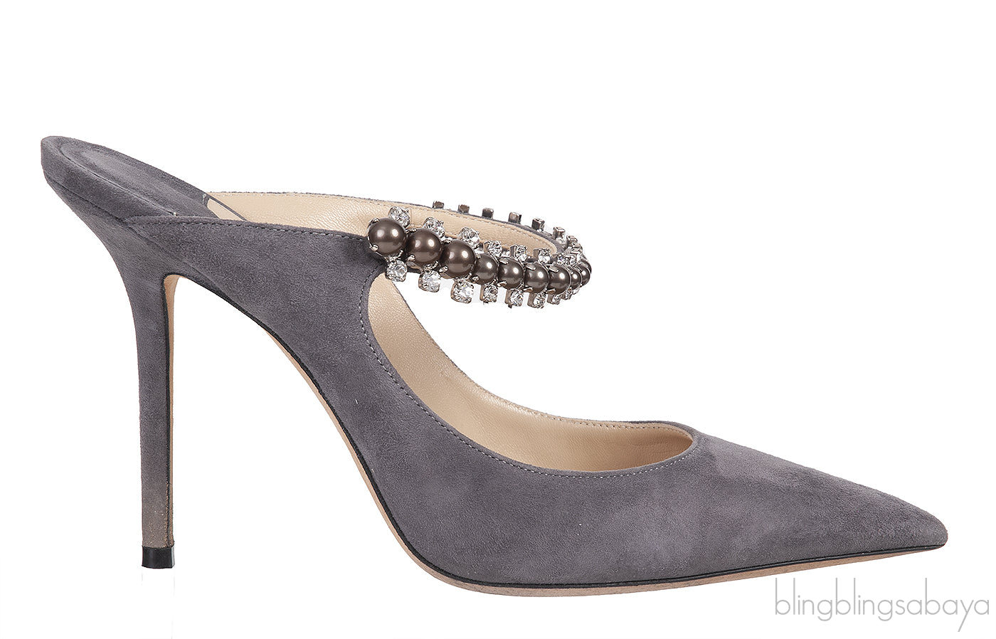 Jimmy Choo Grey Suede Bing Crystal Leather 100mm Crystal Mules